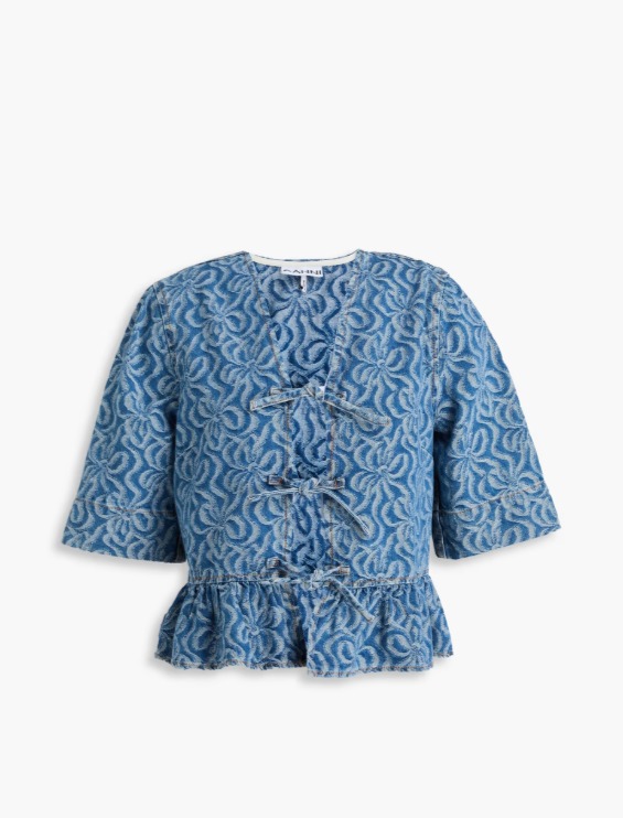 Tie-detailed jacquard-denim peplum top